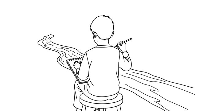 Young Artist Drawing Imaginary Wings on Stool.