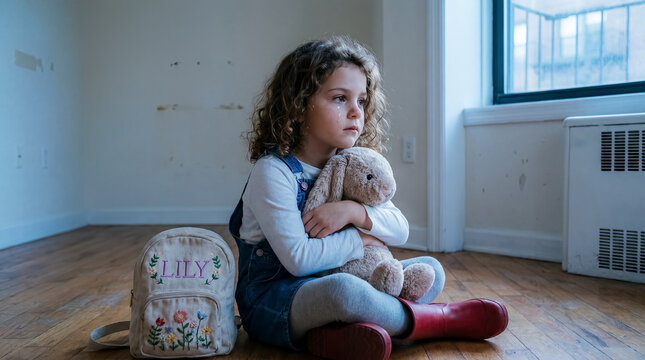 child moving house empty apartment Brooklyn girl relocation warm documentary warm documentary framing supports an authentic migration narrative and relatable family journey young girl holding stuffed