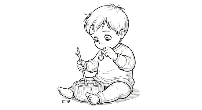 Cute toddler boy playing with cooking pot and spoon.