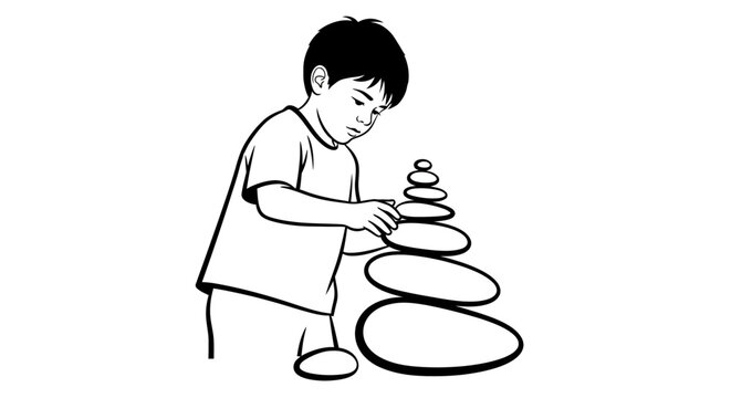 Young boy carefully stacking rings toy activity indoors.