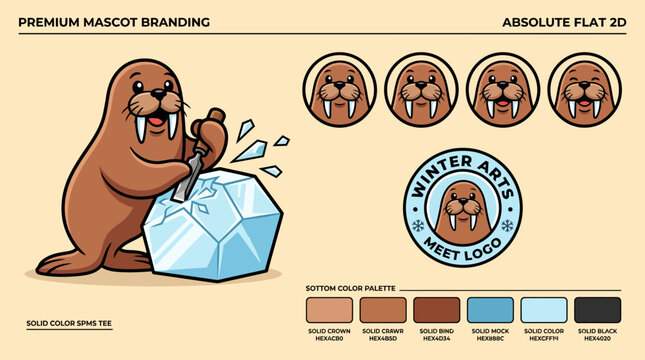 Cute Walrus Mascot with Ice Cube Illustration.