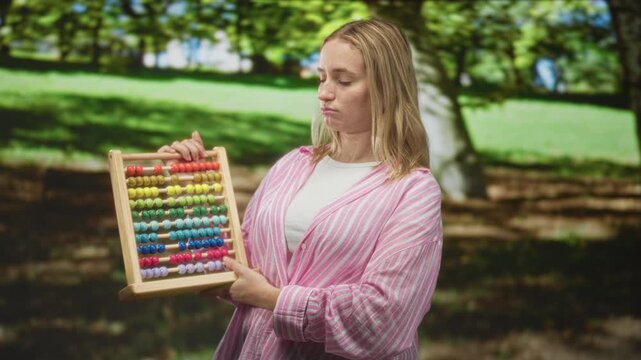 Woman holds wooden abacus with visible hand while wearing striped shirt in forest; math skepticism.