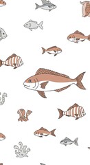 Fototapeta premium Assorted Illustrated Fish Patterns on White Background.