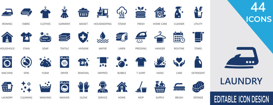 laundry solid icon set with dry cleaning, washing, spin, pressing, water, detergent, clothing, ironing, basket, and cleaning service glyph icons.