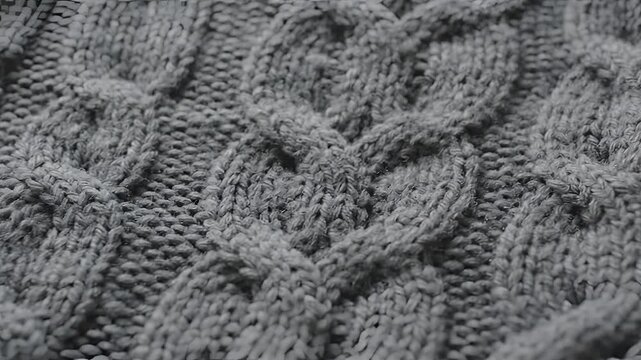 Closeup of a textured grey knitted fabric with intricate cable knit patterns.