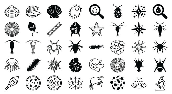 Plankton and marine microorganism icon set, 45 aquatic biology vector elements, microscopic sea life and ocean bacteria symbols for scientific research