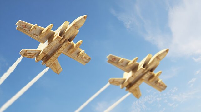 contrails. Two vintage fighter plane models crossing in blue sky with white contrails. mobility guides, transit brochures, designed for transport & logistics marketing, used by content marketers.