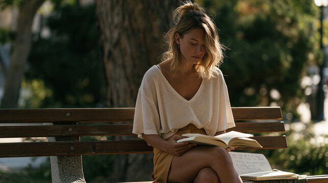 Young adult sits alone on a park bench reading a memoir about escaping a controlling religious group, notebook open to handwritten reflections beside her, afternoon light filtered through trees, dep