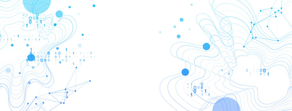 Abstract digital technology background with flowing blue lines, network connections, scattered circles, and binary code elements 0, 1 representing data streams and innovation.
