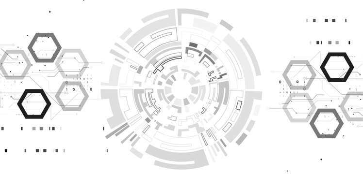 Abstract black and white technology background with geometric hexagons, binary code 0, 1, and interconnected lines, symbolizing data, network, and innovation.