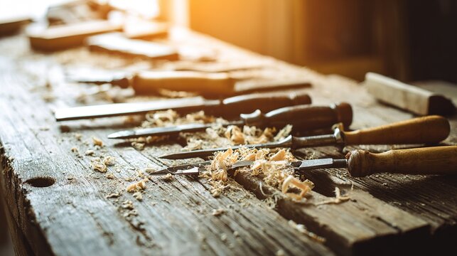 shavings. Rustic woodworking tools arranged on wooden surface with natural textures and warm workshop lighting. safety posters.
