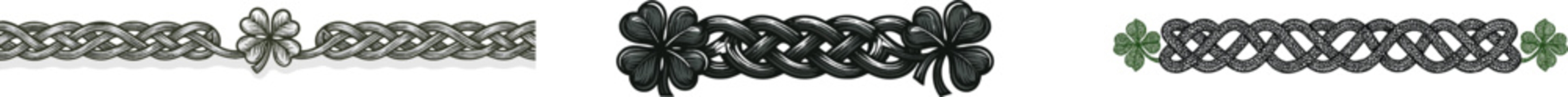 A Celtic knot botanical border trim features intertwined shamrock leaves in a detailed woodcut engraving style with solid black color fill against a clean white background, perfect for automatic
