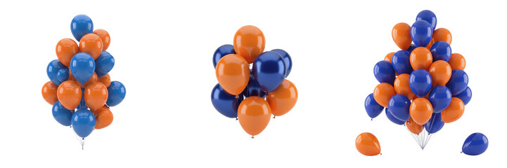 Set of three blue and orange balloon bunches, festive party decoration clusters isolated on transparent background, vibrant birthday celebration elements, helium air balloons for sporting events and j © Suarezo