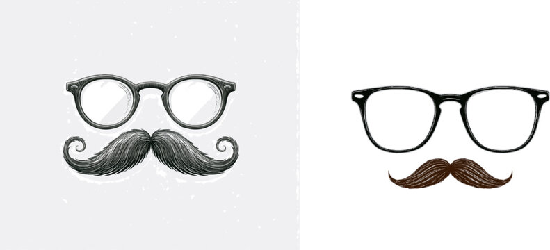 A charming, hipster illustration of round glasses with a curly mustache, set against a crisp white background, exudes a minimalist yet detailed style perfect for clean vector tracing