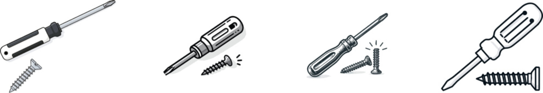 A whimsical doodle of a cute handheld screwdriver with a slotted screw tip, rendered in clean black lines against a stark white background for automatic vector tracing