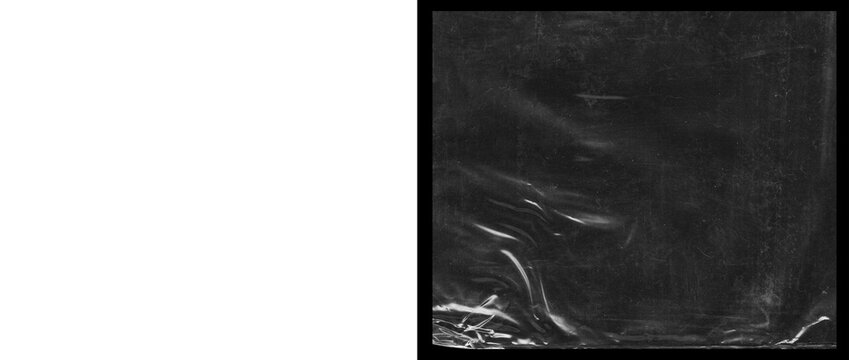 Distressed black plastic texture with white scratches, wrinkled dark film background, grungy abstract overlay for edgy graphic design