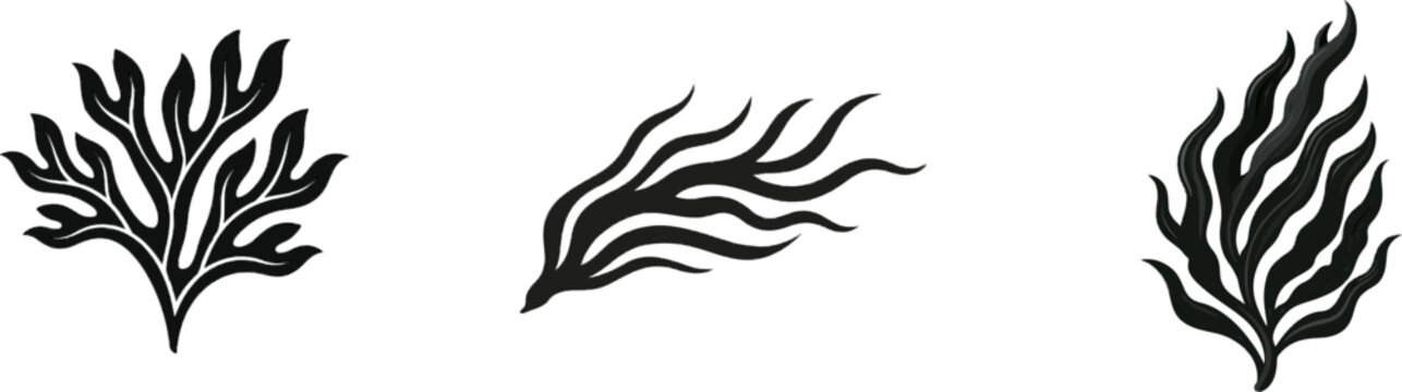 A bold graphic silhouette of seaweed kelp flowing underwater, rendered in solid black ink on a pure white background with clean sharp contours and high contrast, perfect for a vector sticker style
