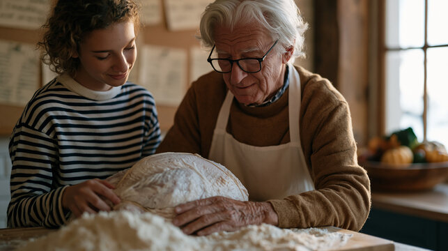 Midwestern grandfather in a wide kitchen teaching teenage granddaughter to truss a Thanksgiving turkey, handwritten recipe cards pinned to a corkboard behind them, flour on the counter, autumn harve