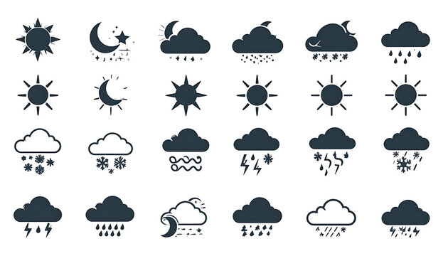 Set of pixel art weather icons, including sun, moon, clouds, rain, snow, lightning, and stormy weather for meteorological forecasting
