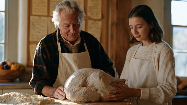 Midwestern grandfather in a wide kitchen teaching teenage granddaughter to truss a Thanksgiving turkey, handwritten recipe cards pinned to a corkboard behind them, flour on the counter, autumn harve