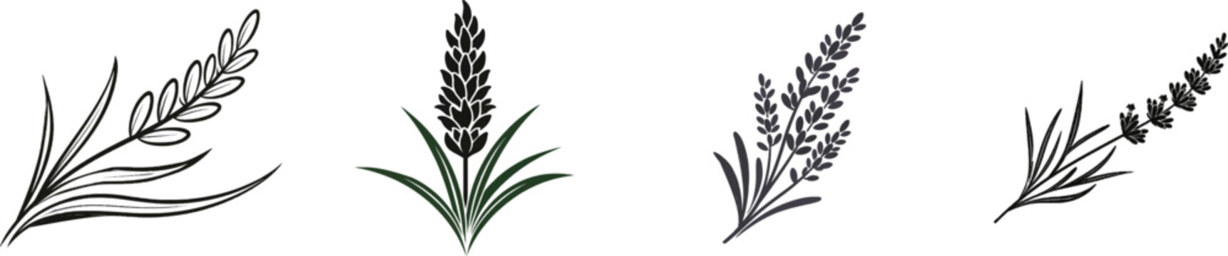 A minimalist lavender single sprig emblem with bold graphic silhouette, solid black ink shape, and clean sharp contours on a pure white background