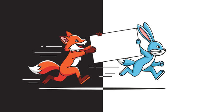 a cartoon fox and rabbit running side by side.