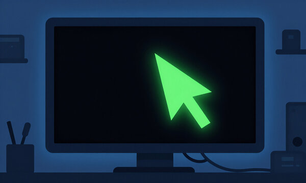 dark computer monitor soft blue backlighting reveals glowing green cursor blinking rapidly black screen