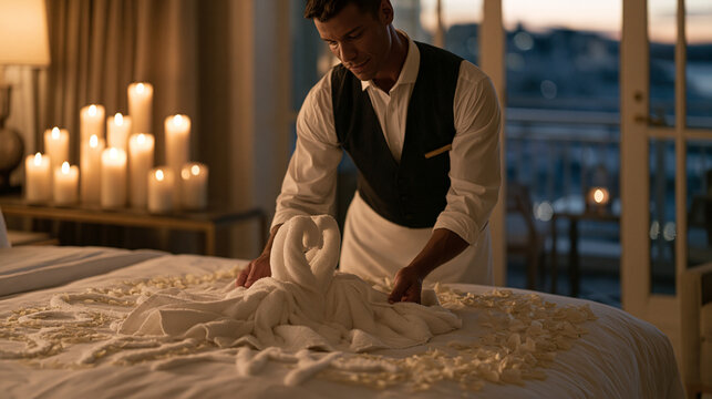Hotel butler arranging honeymoon turndown with swan-folded towels, candles of varying heights on console table, balcony door open to evening skyline, petals spelling initials on duvet, thoughtful lu