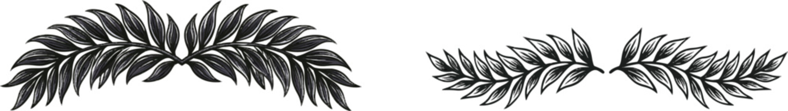 A vintage woodcut engraving-style ornamental botanical border trim featuring a continuous repeating palm frond pattern with crisp white background and high contrast black line art is ideal for clean