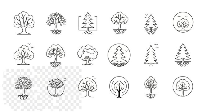 Stippled line tree icons set with roots and leaves