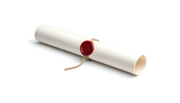 Scroll document tied with red wax seal and ribbon, representing award or achievement on white background