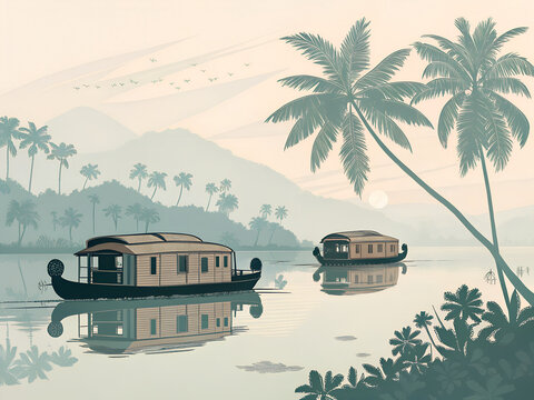 Kerala backwaters with houseboats in minimal nordic vector style