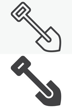 Gardening shovel icon set in line, outline and solid style. Editable stroke vector sign and symbol. Garden tool icon collection for farming work.