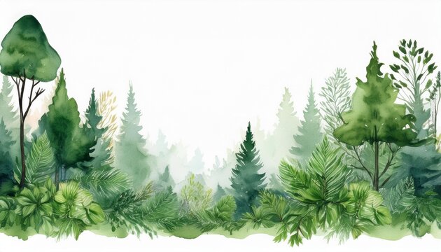 forest watercolor rendering verdant green creating organic border white background inviting seamless design integration