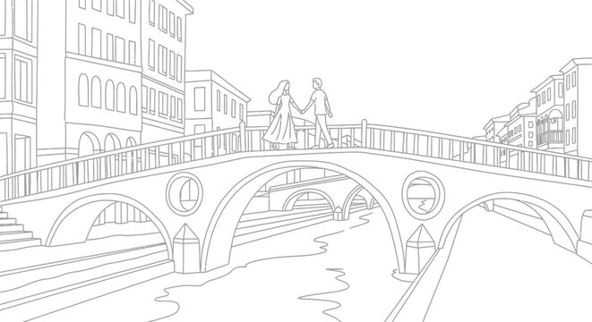 Romantic hand drawn sketch of historic arched bridge scene.