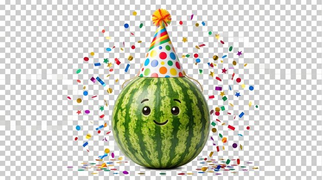 Watermelon in a festive hat with confetti around, professional, clear and detailed image on a transparent background.