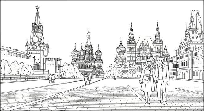 Detailed line drawing of iconic Red Square Moscow landmarks.
