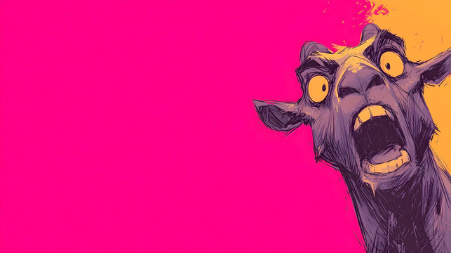 crazed purple goat screams with wide yellow eyes and a gaping mouth, rendered in an intense comic illustration style against a vibrant magenta backdrop
