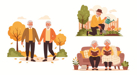 Fototapeta premium Elderly people activities illustration set.
