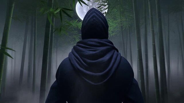 Cinematic Back View of a Lone Hooded Ninja Standing in Misty Bamboo Forest at Night with a Full Moon and Subtle Wind, Seamless Loop Motion Background
