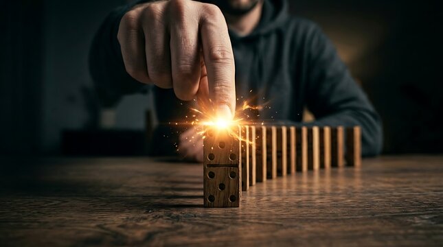 Male finger pushing wooden domino with glowing spark starting a chain reaction representing business strategy, action, and catalyst for change