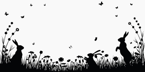 Bunny Silhouette Scene With Wildflowers And Flying Insects © Bibhas