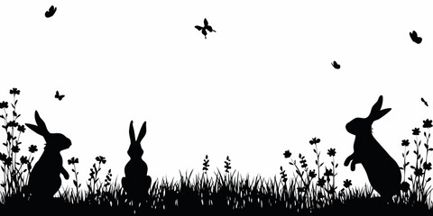 Bunny Silhouette Scene With Grass And Flying Insects © Bibhas