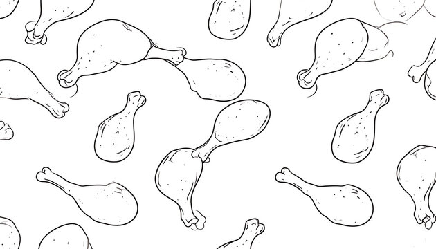 Seamless pattern of chicken drumsticks in outline drawing, playful food illustration, simple sketch style