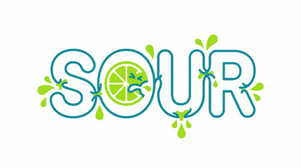 Obraz premium Sour word typography with a cartoon lime character and green juice splashes in a flat vector illustration style on a white background
