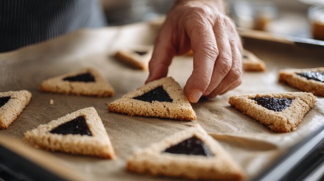 Baker arranging fresh hamantaschen cookies with jam on parchment-lined baking tray