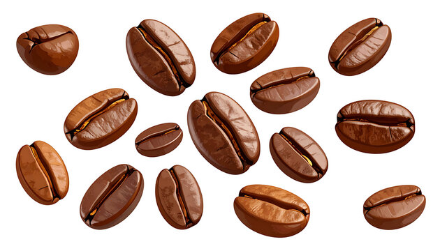 Scattered roasted coffee beans, a natural pattern of fresh brown arabica beans with visible cracks, isolated on white