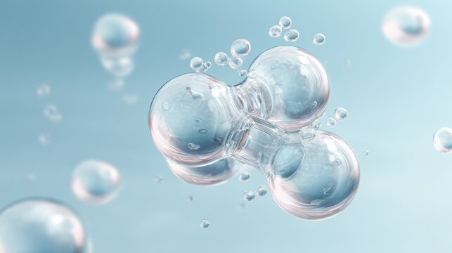 Transparent molecular structure with floating water droplets in soft blue background
