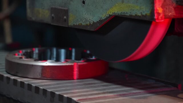 Close up of industrial metal grinding process with sparks flying from rotating abrasive wheel in factory workshop. Detailed view of heavy machinery during steel processing, show metalworking industry