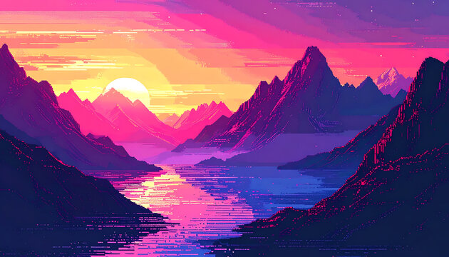Retro pixel art mountain landscape at sunset, vibrant neon pink and purple hues, shimmering water reflections, digital nostalgia